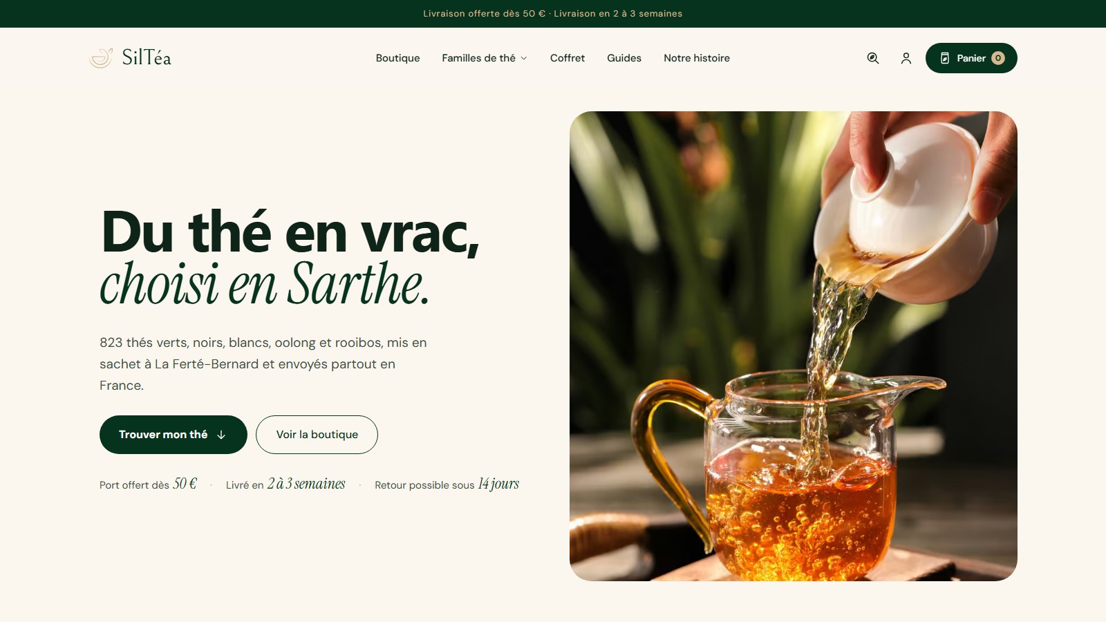 Page d’accueil de la boutique Siltéa : Du thé en vrac, choisi en Sarthe