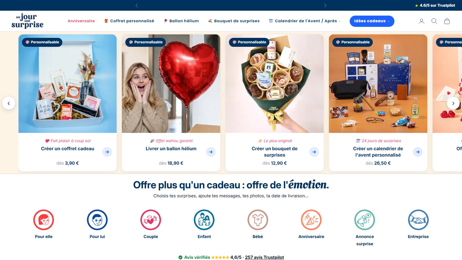 Page d’accueil de la boutique Un Jour Une Surprise